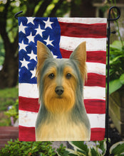 Load image into Gallery viewer, Blue and Tan Silky Terrier American Flag Garden Flag