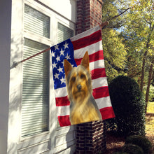 Load image into Gallery viewer, Silver and Tan Silky Terrier American Flag House Flag