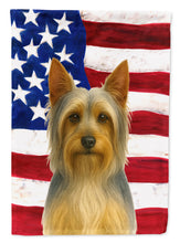 Load image into Gallery viewer, Silver and Tan Silky Terrier American Flag House Flag