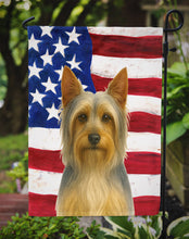 Load image into Gallery viewer, Silver and Tan Silky Terrier American Flag Garden Flag
