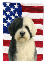 Load image into Gallery viewer, Black and White Tibetan Spaniel American Flag Garden Flag
