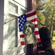 Load image into Gallery viewer, Gray and White Tibetan Spaniel American Flag House Flag
