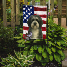 Load image into Gallery viewer, Gray and White Tibetan Spaniel American Flag Garden Flag