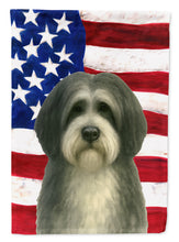 Load image into Gallery viewer, Gray and White Tibetan Spaniel American Flag Garden Flag