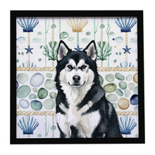 Load image into Gallery viewer, Black and White Alaskan Malamute Coastal Sea Glass Framed Metal Print