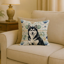 Load image into Gallery viewer, Black and White Alaskan Malamute Coastal Sea Glass Throw Pillow