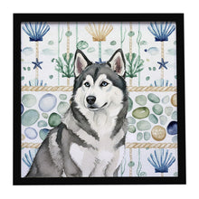 Load image into Gallery viewer, Gray and White Alaskan Malamute Coastal Sea Glass Framed Metal Print