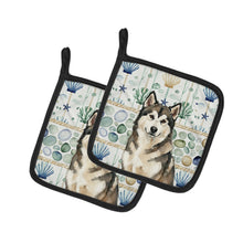 Load image into Gallery viewer, Sable and White Alaskan Malamute Coastal Sea Glass Pair of Pot Holders