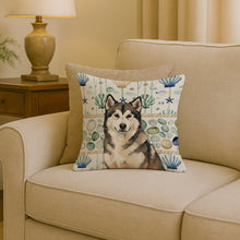 Load image into Gallery viewer, Sable and White Alaskan Malamute Coastal Sea Glass Throw Pillow