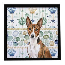 Load image into Gallery viewer, Brindle and White Basenji Coastal Sea Glass Framed Metal Print