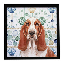 Load image into Gallery viewer, Red and White Basset Hound Coastal Sea Glass Framed Metal Print