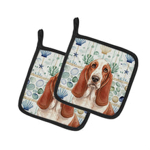 Load image into Gallery viewer, Red and White Basset Hound Coastal Sea Glass Pair of Pot Holders