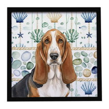 Load image into Gallery viewer, Tricolor and White Basset Hound Coastal Sea Glass Framed Metal Print