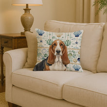 Load image into Gallery viewer, Tricolor and White Basset Hound Coastal Sea Glass Throw Pillow