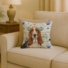 Load image into Gallery viewer, Tricolor and White Basset Hound Coastal Sea Glass Throw Pillow