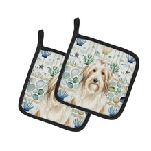 Load image into Gallery viewer, White and Tan Bearded Collie Coastal Sea Glass Pair of Pot Holders