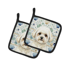 Load image into Gallery viewer, White and Cream Bichon Frise Coastal Sea Glass Pair of Pot Holders