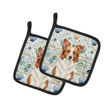 Load image into Gallery viewer, Red and White Border Collie Coastal Sea Glass Pair of Pot Holders