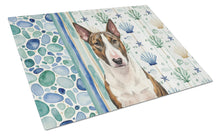 Load image into Gallery viewer, Brindle and White Bull Terrier Coastal Sea Glass Glass Cutting Board