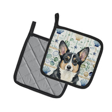 Load image into Gallery viewer, Black and White Cardigan Welsh Corgi Coastal Sea Glass Pair of Pot Holders