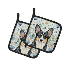 Load image into Gallery viewer, Black and White Cardigan Welsh Corgi Coastal Sea Glass Pair of Pot Holders