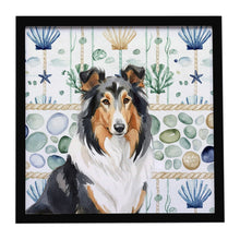 Load image into Gallery viewer, Tricolor Collie Coastal Sea Glass Framed Metal Print