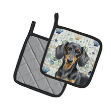 Load image into Gallery viewer, Black and Tan Dachshund Coastal Sea Glass Pair of Pot Holders