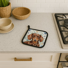 Load image into Gallery viewer, Chocolate and Tan Dachshund Coastal Sea Glass Pair of Pot Holders
