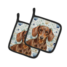 Load image into Gallery viewer, Chocolate and Tan Dachshund Coastal Sea Glass Pair of Pot Holders