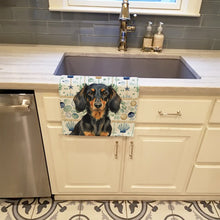 Load image into Gallery viewer, Longhaired Black and Tan Dachshund Coastal Sea Glass Kitchen Towel