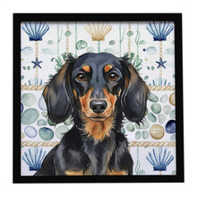 Load image into Gallery viewer, Longhaired Black and Tan Dachshund Coastal Sea Glass Framed Metal Print
