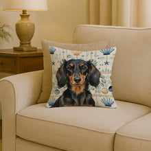 Load image into Gallery viewer, Longhaired Black and Tan Dachshund Coastal Sea Glass Throw Pillow