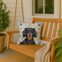Load image into Gallery viewer, Longhaired Black and Tan Dachshund Coastal Sea Glass Throw Pillow