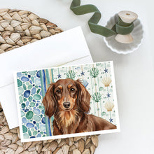 Load image into Gallery viewer, Longhaired Chocolate and Tan Dachshund Coastal Sea Glass Greeting Cards Pack of 8