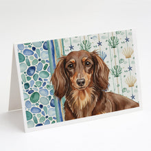 Load image into Gallery viewer, Longhaired Chocolate and Tan Dachshund Coastal Sea Glass Greeting Cards Pack of 8