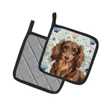 Load image into Gallery viewer, Longhaired Chocolate and Tan Dachshund Coastal Sea Glass Pair of Pot Holders