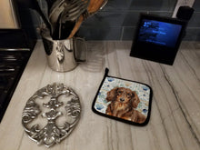 Load image into Gallery viewer, Longhaired Chocolate and Tan Dachshund Coastal Sea Glass Pair of Pot Holders