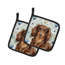 Load image into Gallery viewer, Longhaired Chocolate and Tan Dachshund Coastal Sea Glass Pair of Pot Holders