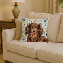 Load image into Gallery viewer, Longhaired Chocolate and Tan Dachshund Coastal Sea Glass Throw Pillow