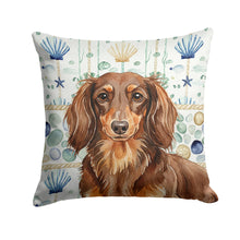 Load image into Gallery viewer, Longhaired Chocolate and Tan Dachshund Coastal Sea Glass Throw Pillow