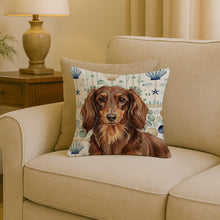 Load image into Gallery viewer, Longhaired Chocolate and Tan Dachshund Coastal Sea Glass Throw Pillow