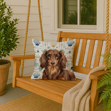 Load image into Gallery viewer, Longhaired Chocolate and Tan Dachshund Coastal Sea Glass Throw Pillow