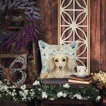 Load image into Gallery viewer, Longhaired Cream Dachshund Coastal Sea Glass Throw Pillow
