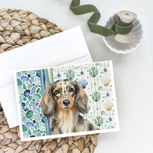 Load image into Gallery viewer, Longhaired Dapple Dachshund Coastal Sea Glass Greeting Cards Pack of 8