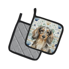 Load image into Gallery viewer, Longhaired Dapple Dachshund Coastal Sea Glass Pair of Pot Holders