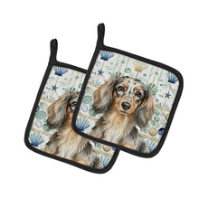 Load image into Gallery viewer, Longhaired Dapple Dachshund Coastal Sea Glass Pair of Pot Holders
