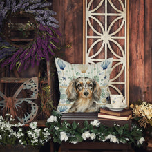 Load image into Gallery viewer, Longhaired Dapple Dachshund Coastal Sea Glass Throw Pillow