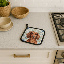 Load image into Gallery viewer, Longhaired Red Dachshund Coastal Sea Glass Pair of Pot Holders