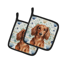 Load image into Gallery viewer, Longhaired Red Dachshund Coastal Sea Glass Pair of Pot Holders