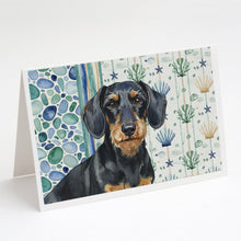 Load image into Gallery viewer, Wirehaired Black and Tan Dachshund Coastal Sea Glass Greeting Cards Pack of 8